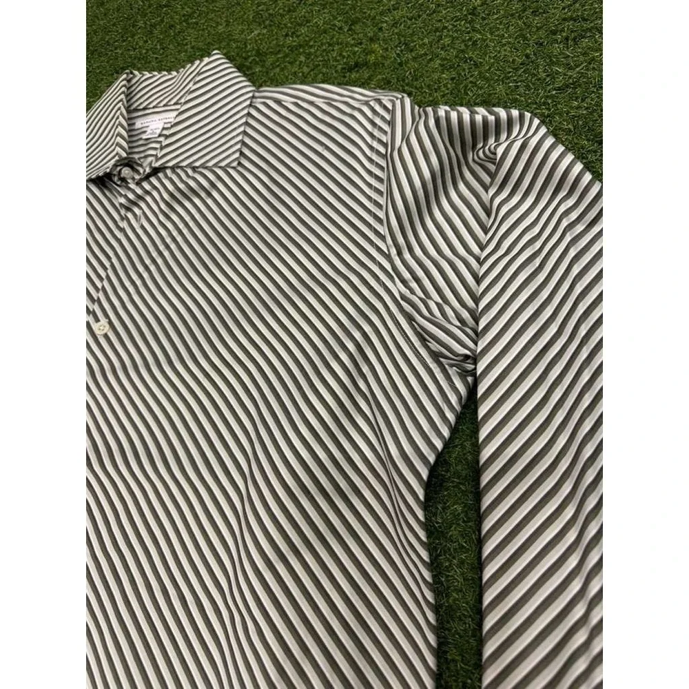 Banana Republic Dress Shirt Men Large 16-16.5 Green Gray Striped Formal Business
